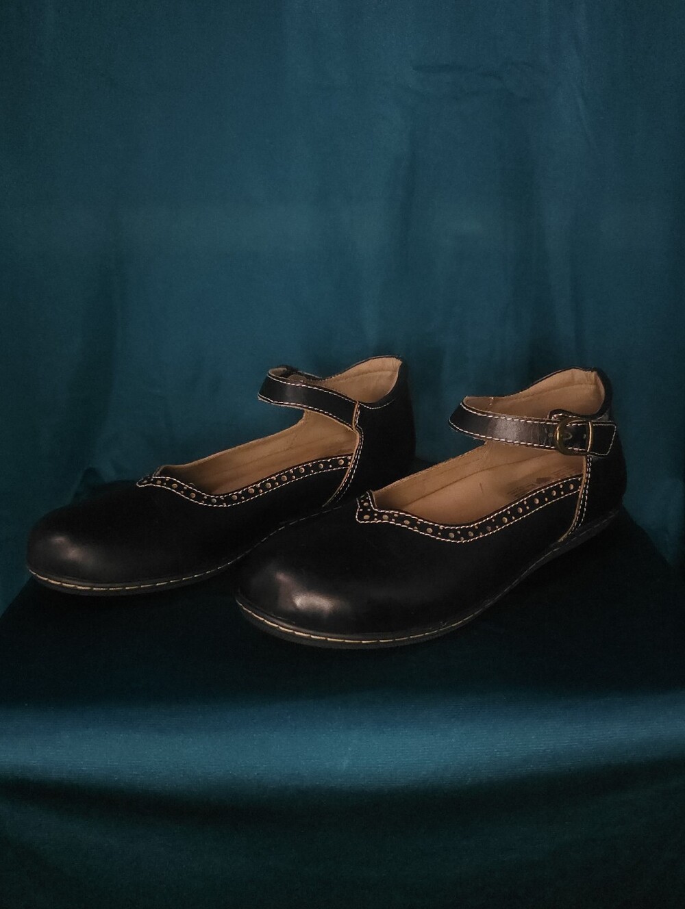 L'ATISTE Black Leather Mary Jane Loafers with Tan Stitching